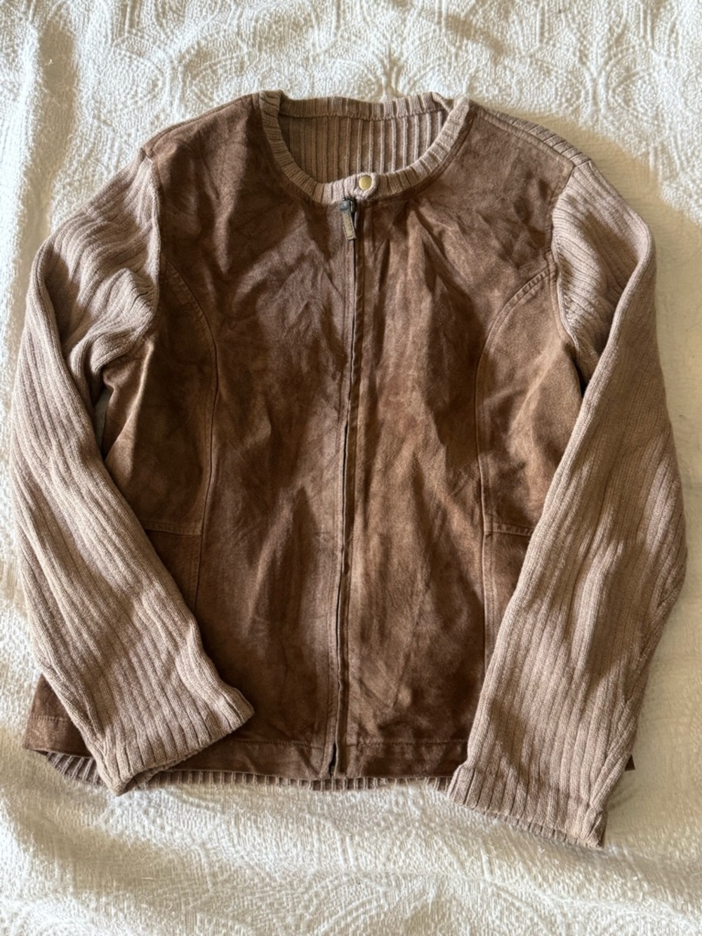 Brown Suede Front Jacket with Knit Sleeves